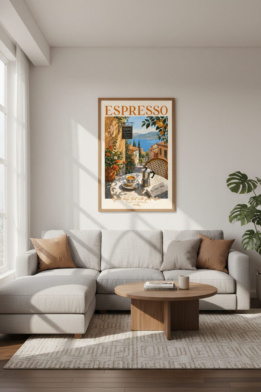 Italian Espresso Cafe Wall Art | Mediterranean Coastal Poster, Kitchen Decor