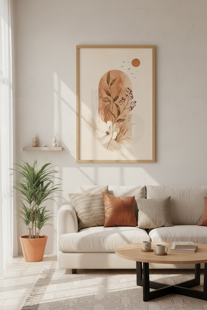 Boho Floral Arch Wall Art | Terracotta Sun & Botanical Poster, Minimalist Decor