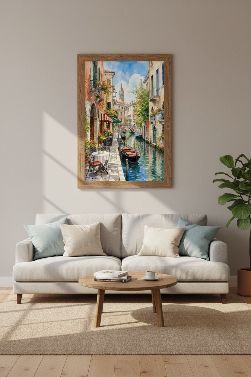 Venice Canal Watercolor Wall Art | Italy Street Scene Print, Mediterranean Home Decor