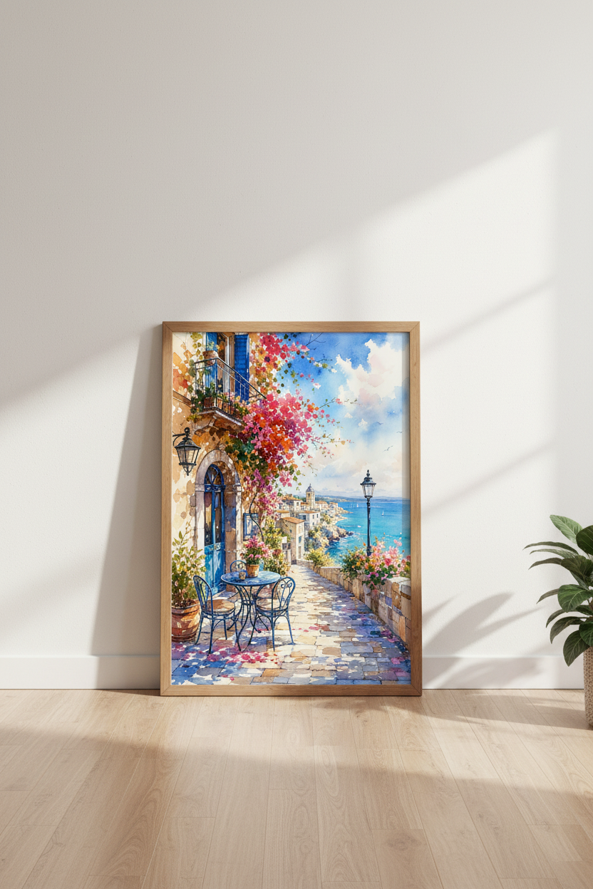 Italian Coastal Street Art | Watercolor Mediterranean Town, Blue & Pink Sea Decor