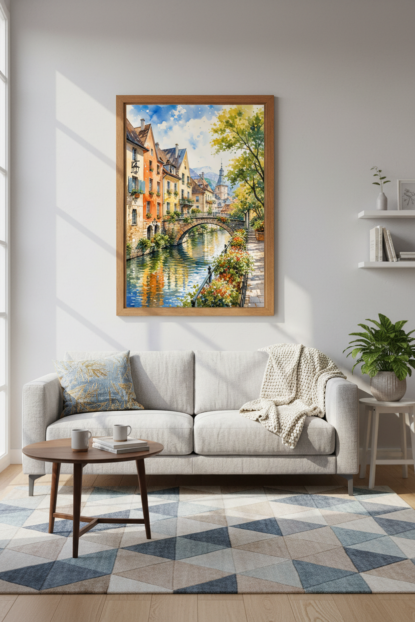 European Village Canal Art | Watercolor Townscape, Living Room Decor Poster