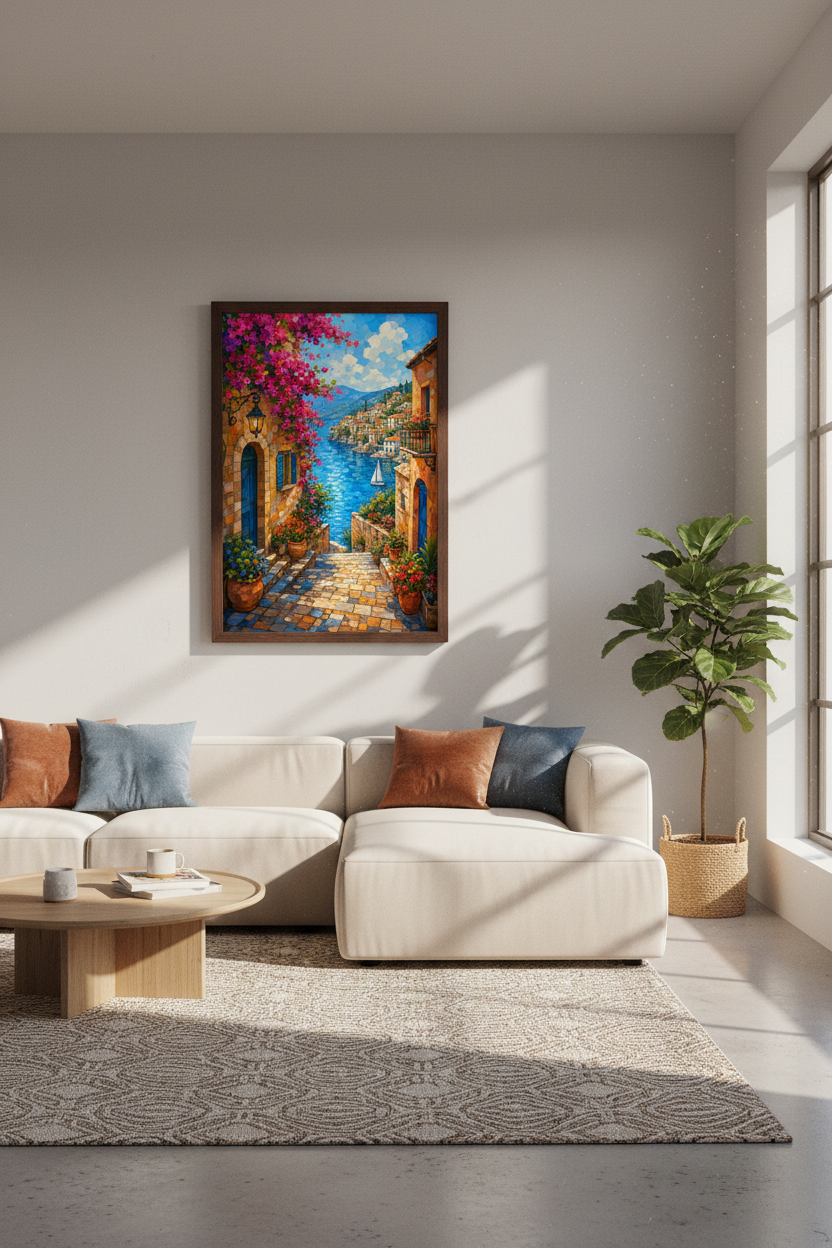 Mediterranean Coastal Town Wall Art | Mosaic Greek Poster | Living Room Decor