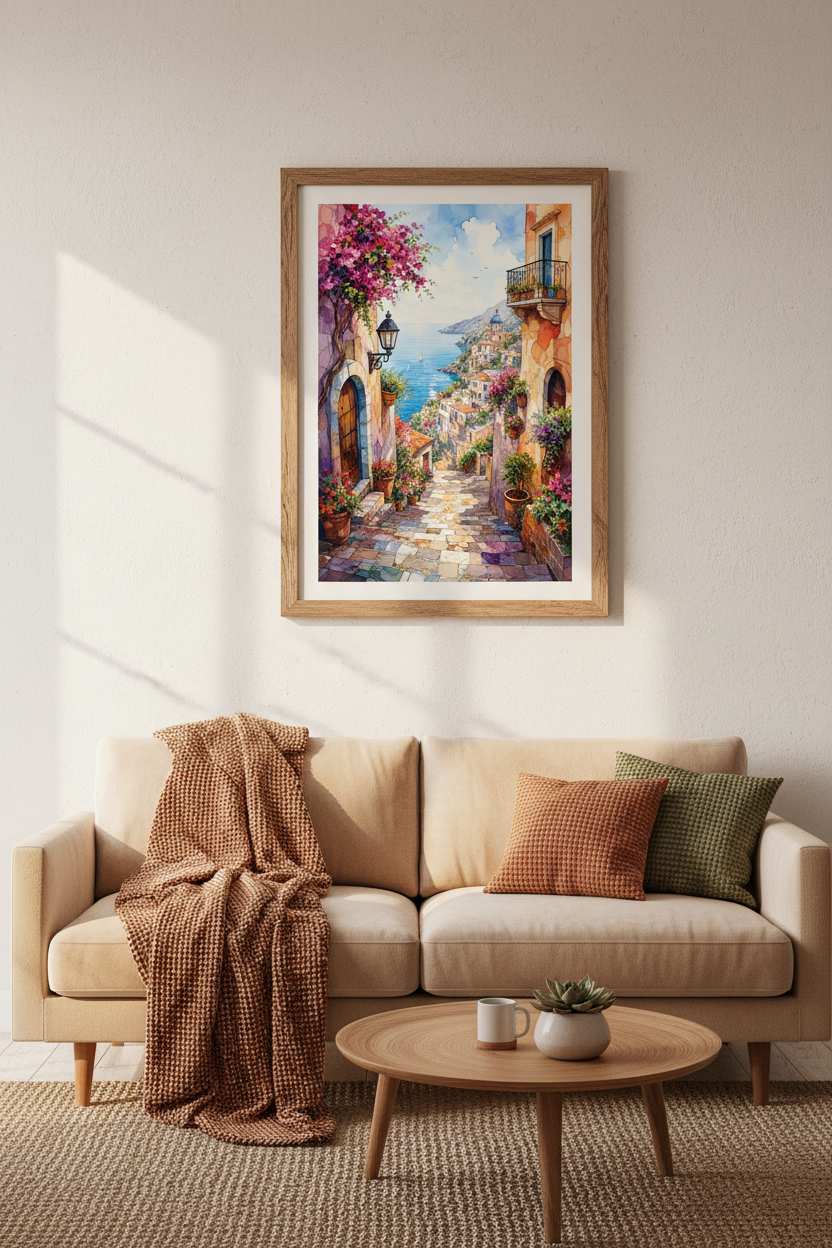 Amalfi Coast Italy Watercolor Wall Art Print | Mediterranean Decor | Positano Poster