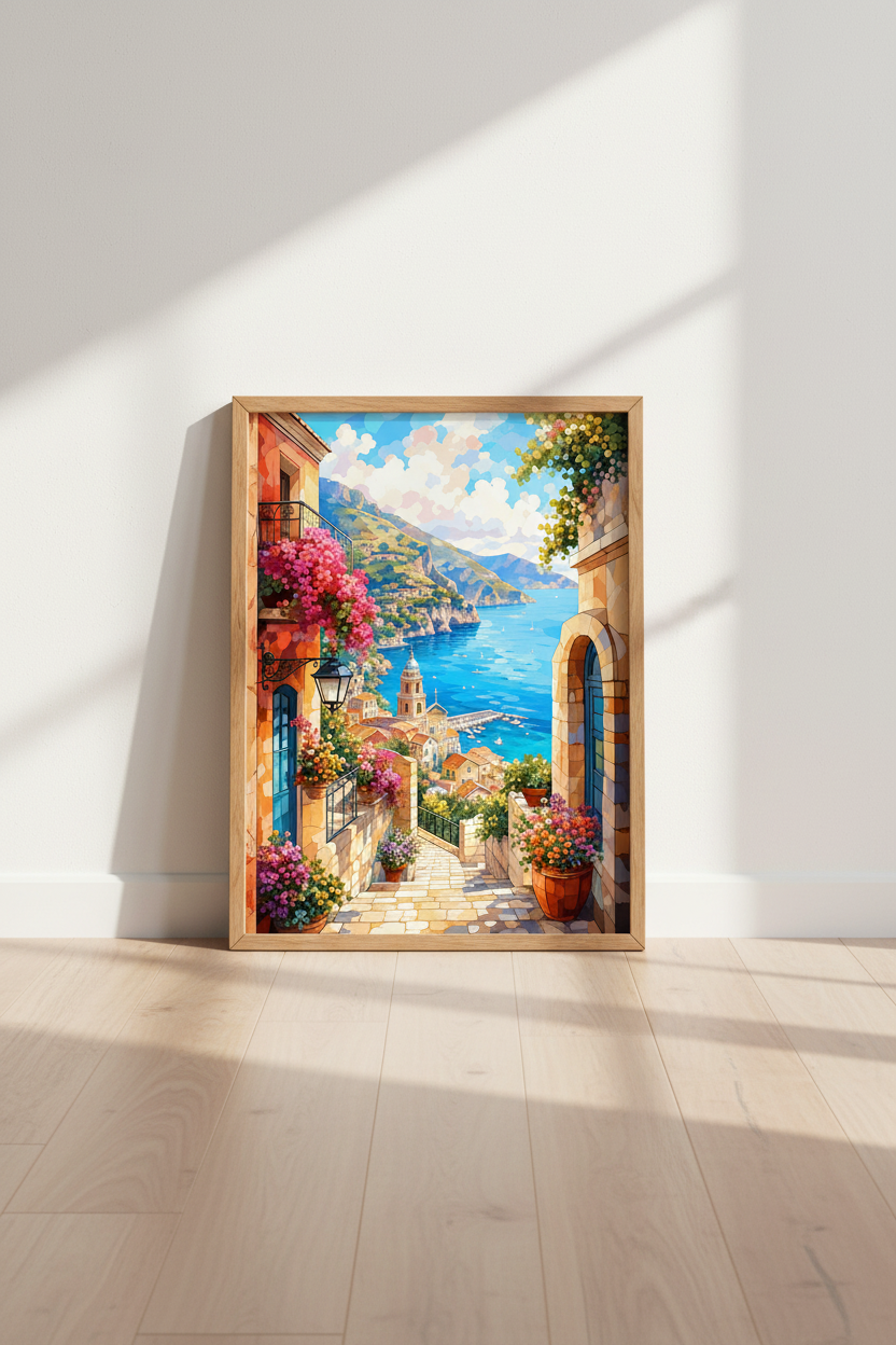 Amalfi Coast Art Print | Italian Coastal Mosaic Poster, Mediterranean Home Decor
