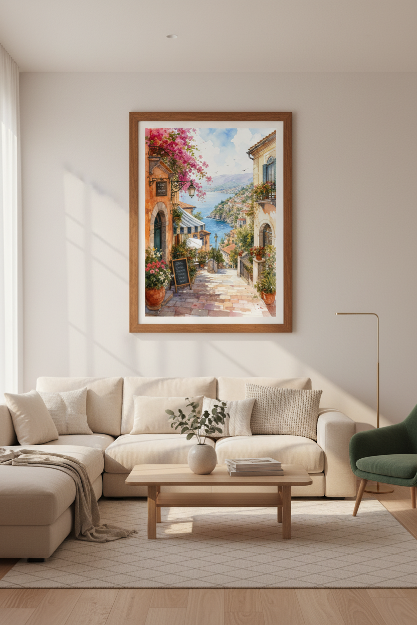 Italian Coast Watercolor Print | Mediterranean Cafe Decor | Amalfi Village Wall Art