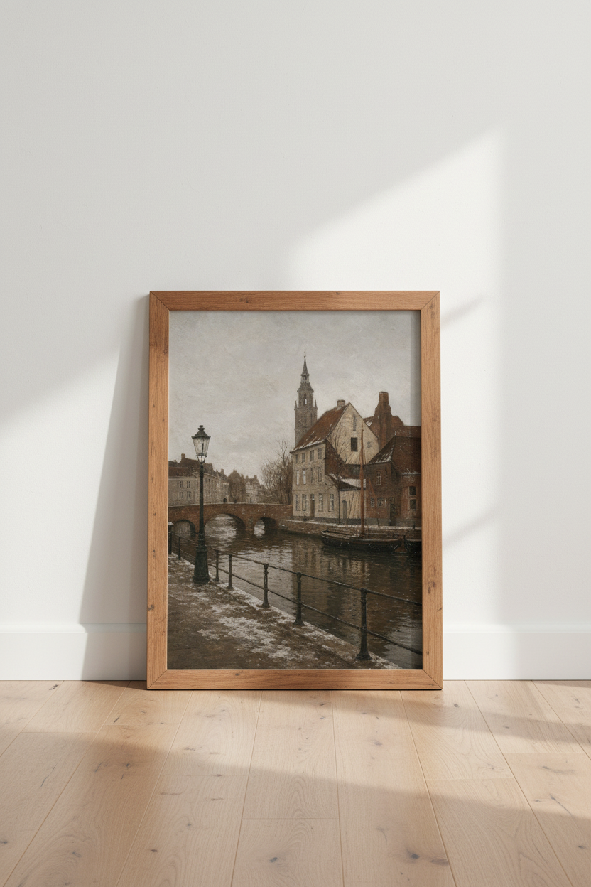 European Village Canal Oil Painting | Vintage Winter Landscape, Dark Academia Wall Art