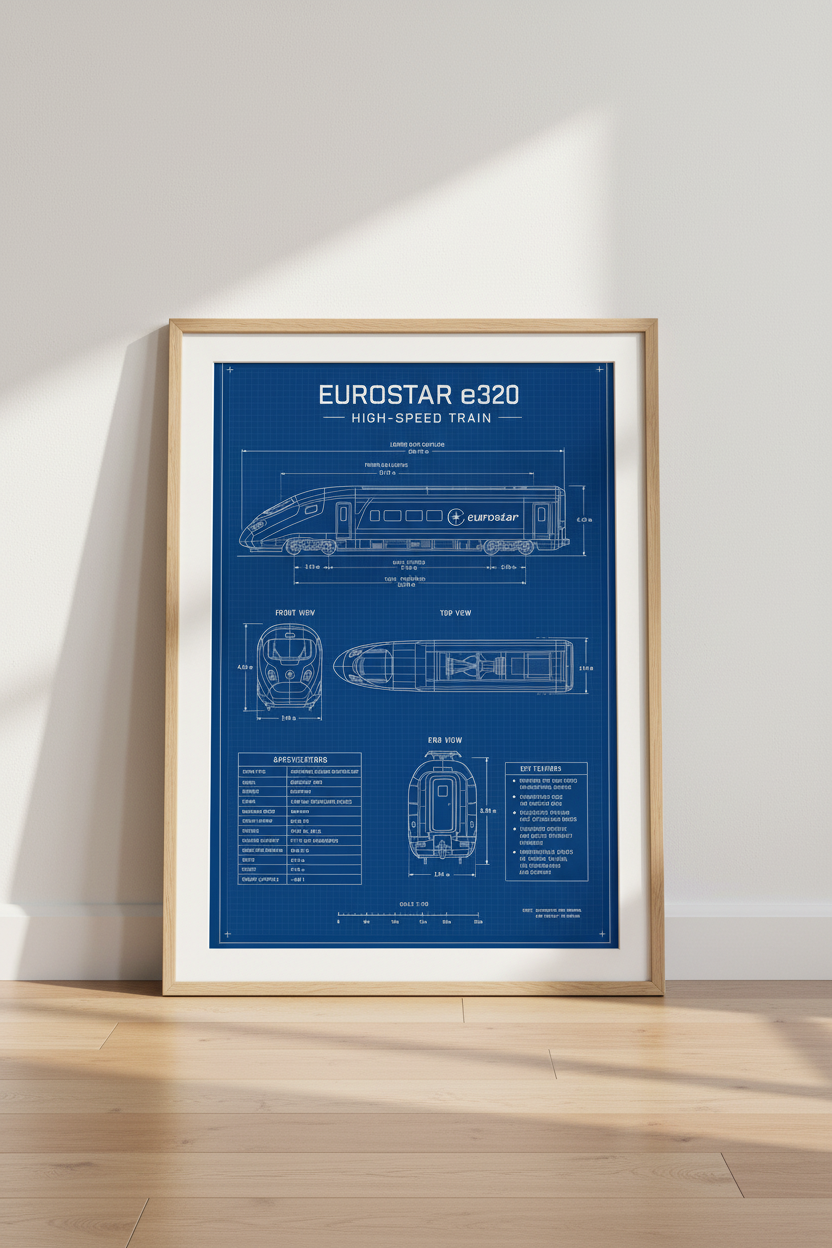 Eurostar e320 Train Blueprint Wall Art | Office Decor | Industrial Technical Poster