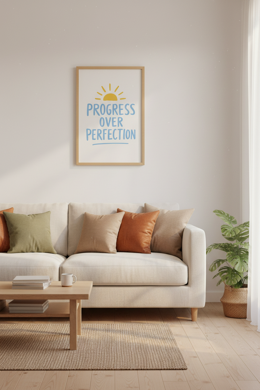 Progress Over Perfection Print | Cute Yellow Sun Quote Poster, Office Art