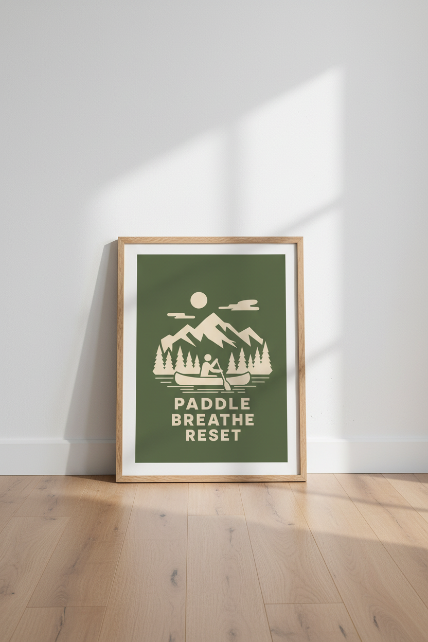 Canoe Mountain Wall Art | Minimalist Nature Poster | Green Cabin Decor