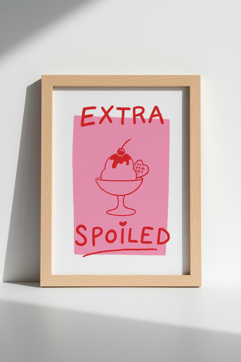 Coquette Room Decor Print | Pink Extra Spoiled Poster, Cherry Ice Cream Art