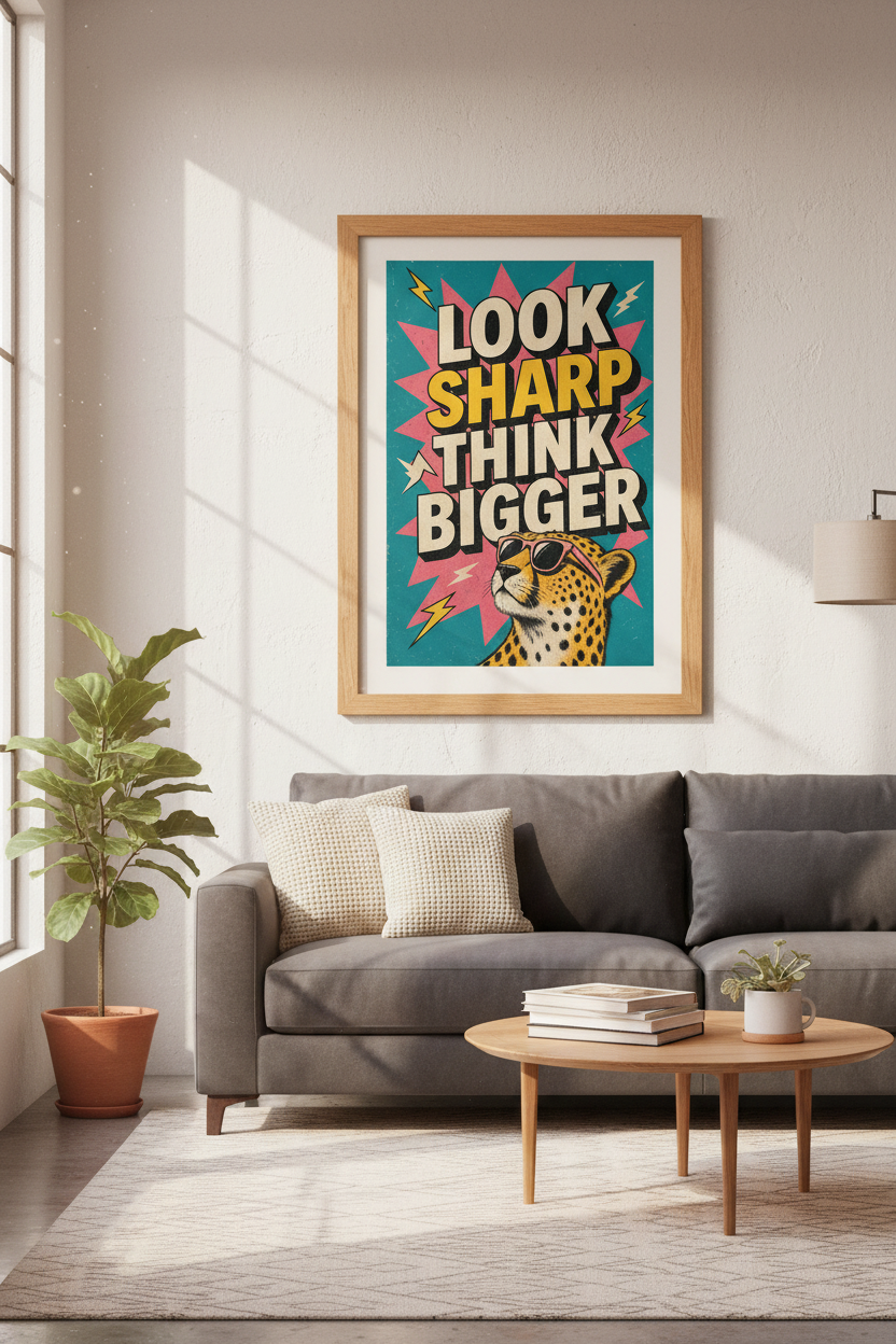 Look Sharp Think Bigger Cheetah Print | Retro Pop Art Poster, Office Decor