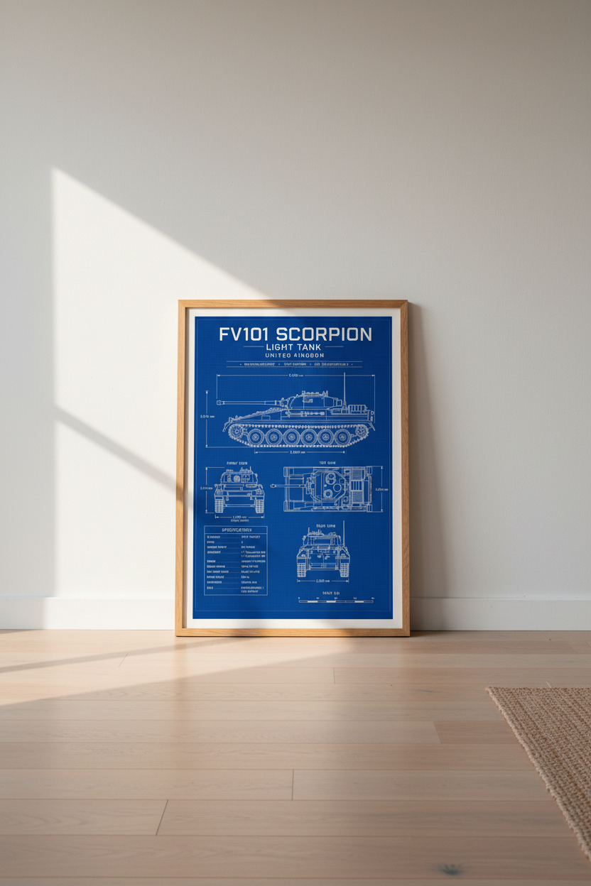 FV101 Scorpion Tank Blueprint Wall Art | Military Decor | Blue Industrial Poster