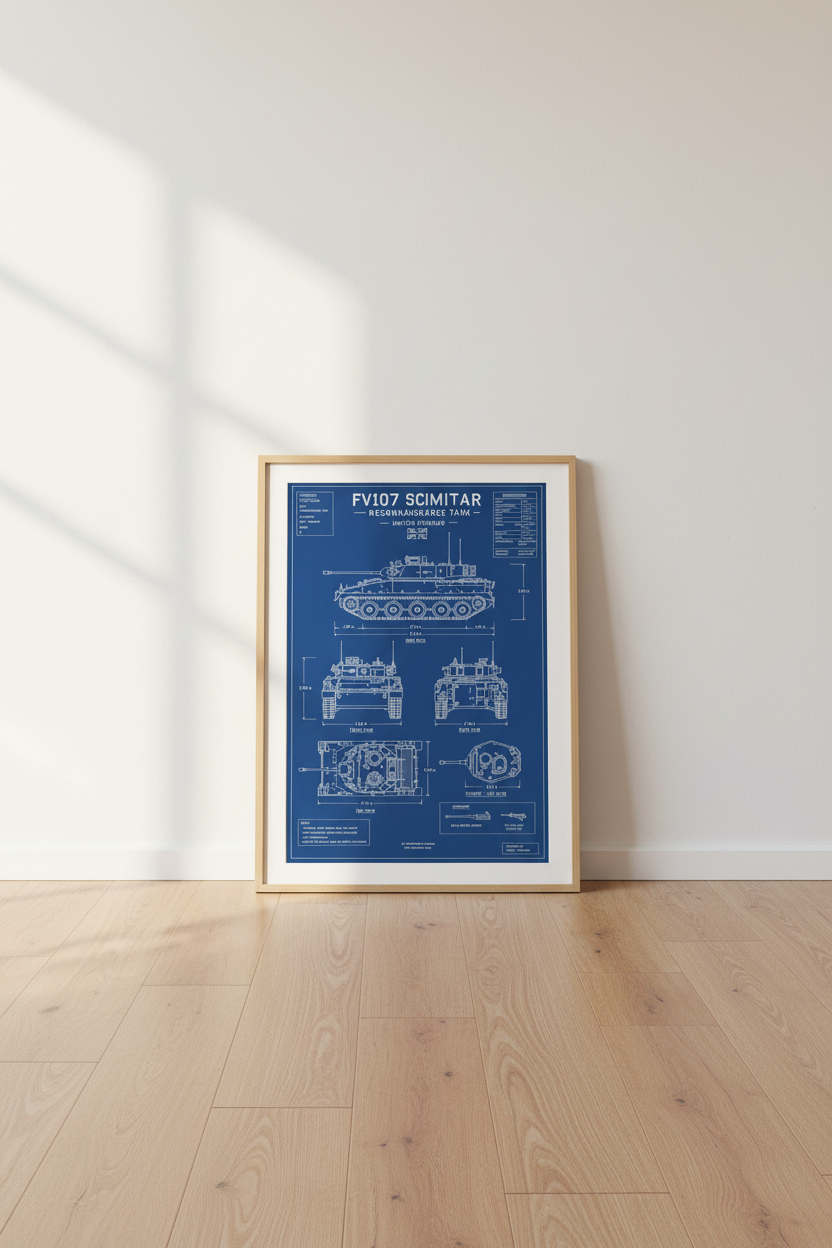 British FV107 Scimitar Tank Blueprint | Military History Decor, Industrial Wall Art