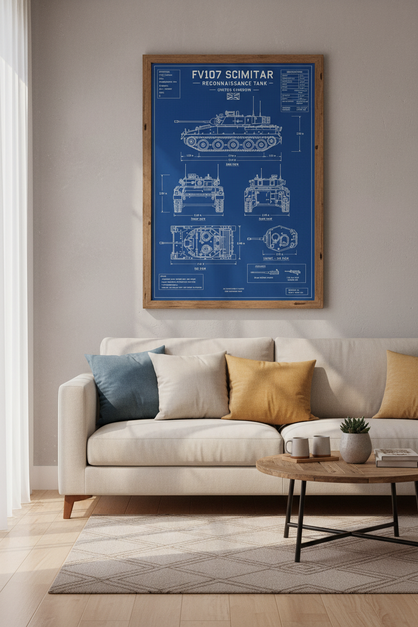 British FV107 Scimitar Tank Blueprint | Military History Decor, Industrial Wall Art