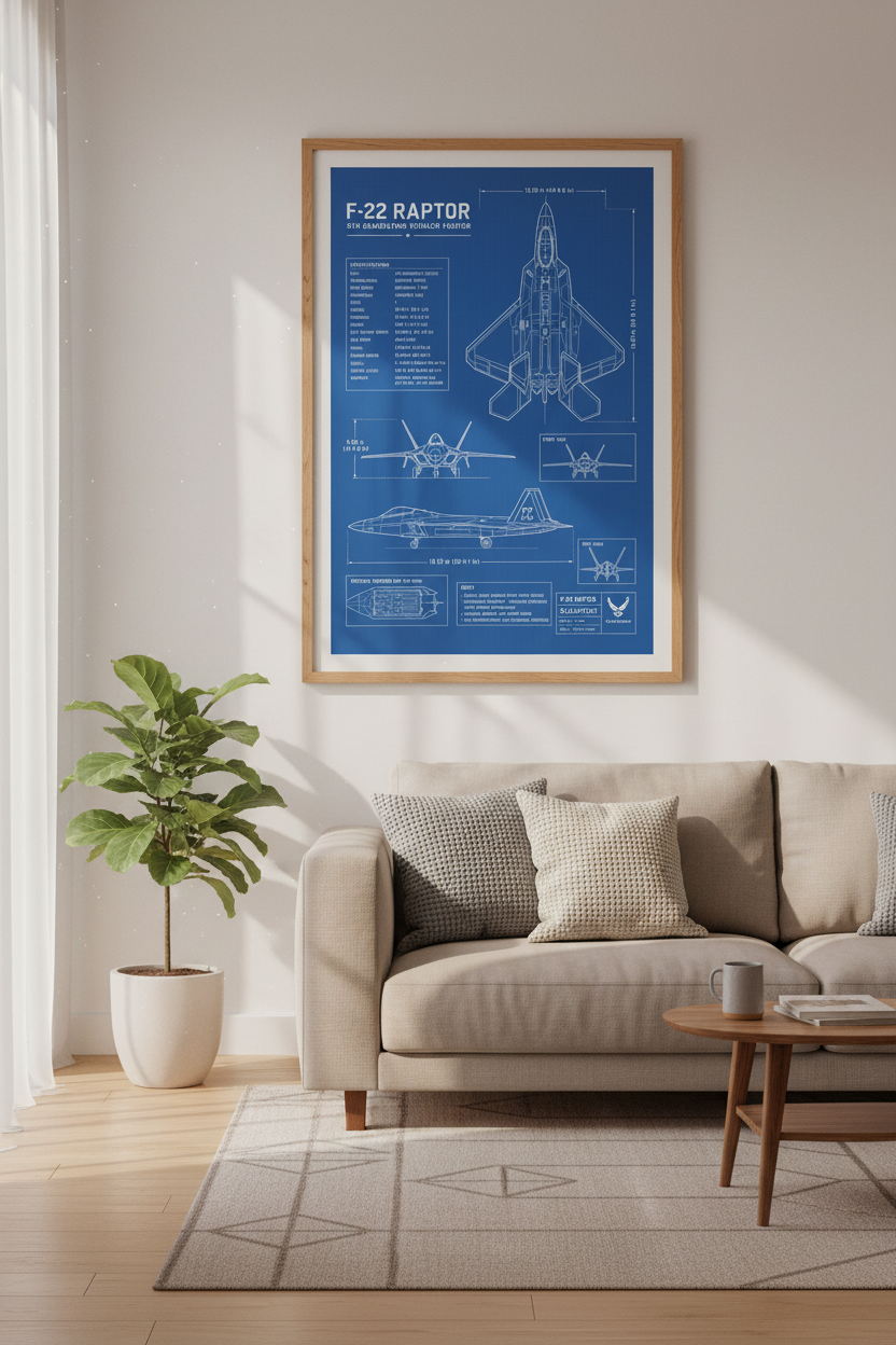 F-22 Raptor Blueprint Wall Art | Stealth Fighter Jet Poster, Aviation Office Decor