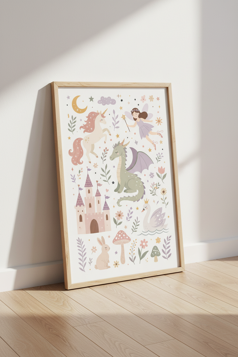 Fairytale Nursery Wall Art | Unicorn & Dragon Pastel Poster | Kids Room Decor
