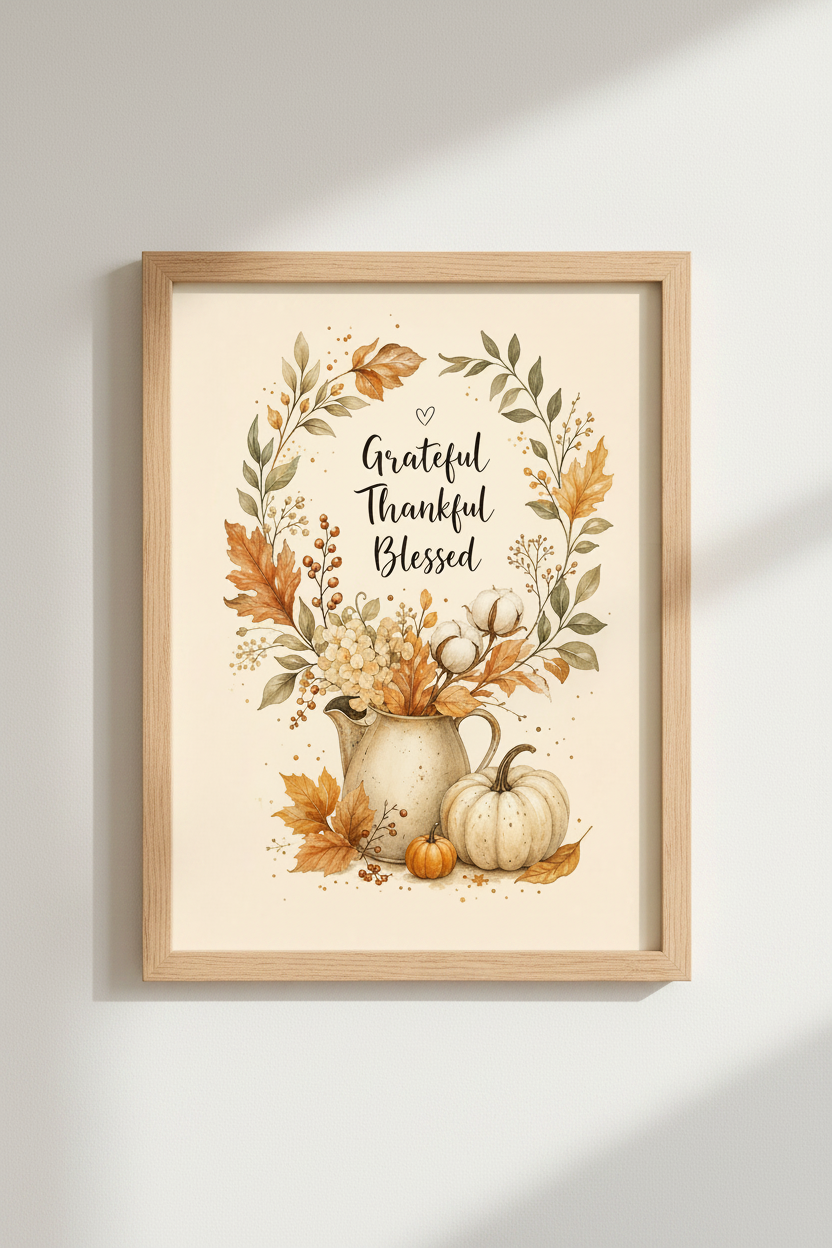 Grateful Thankful Blessed | Fall Watercolor Pumpkin, Farmhouse Decor Wall Art