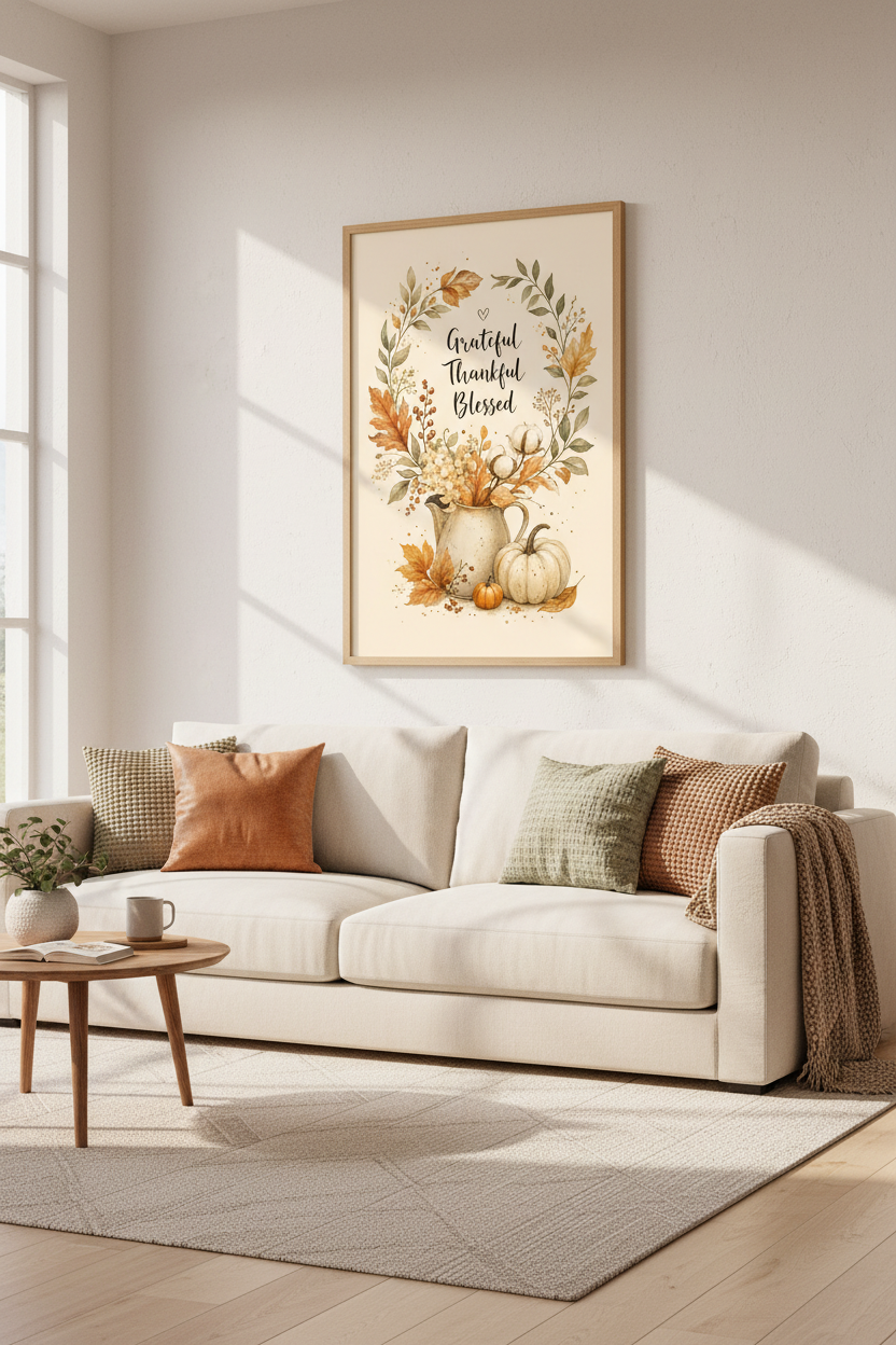 Grateful Thankful Blessed | Fall Watercolor Pumpkin, Farmhouse Decor Wall Art