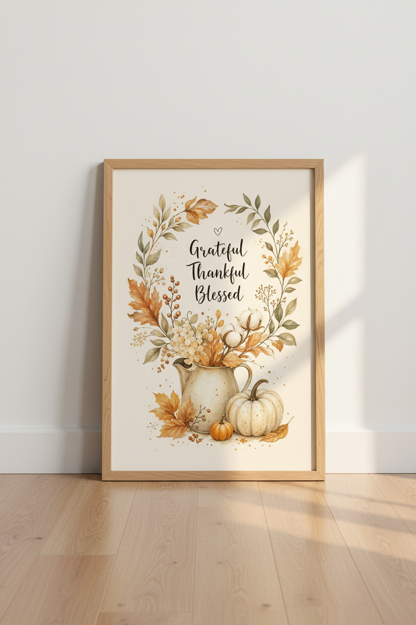 Grateful Thankful Blessed | Fall Watercolor Pumpkin, Farmhouse Decor Wall Art