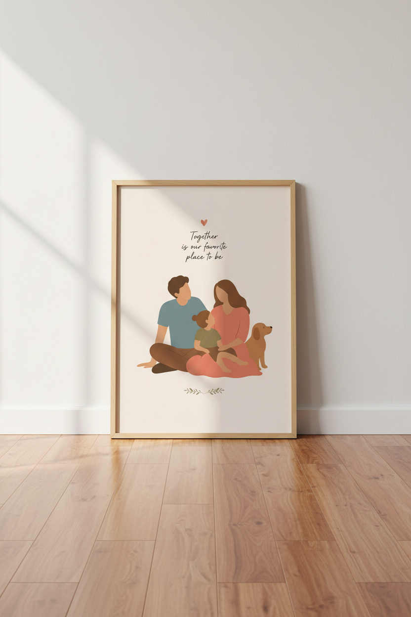 Custom Family Illustration | Minimalist Portrait Art Print, Living Room Decor