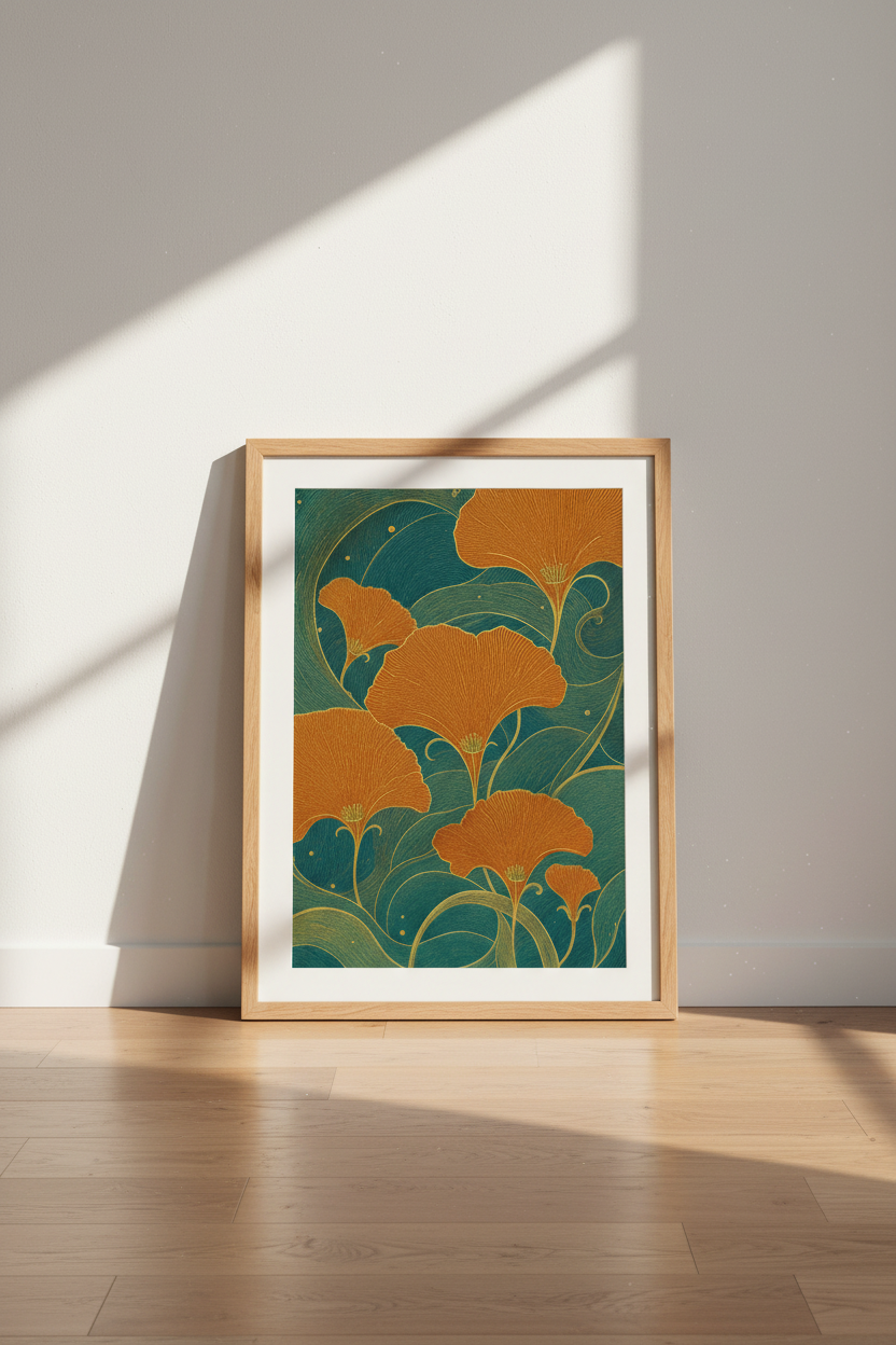 Ginkgo Biloba Art Nouveau Wall Art | Teal and Orange Botanical | Vintage Poster