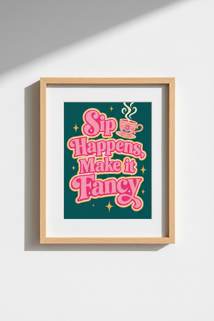Tea Quote Wall Art Print | Retro Kitchen Decor | Pink & Teal Funky Poster