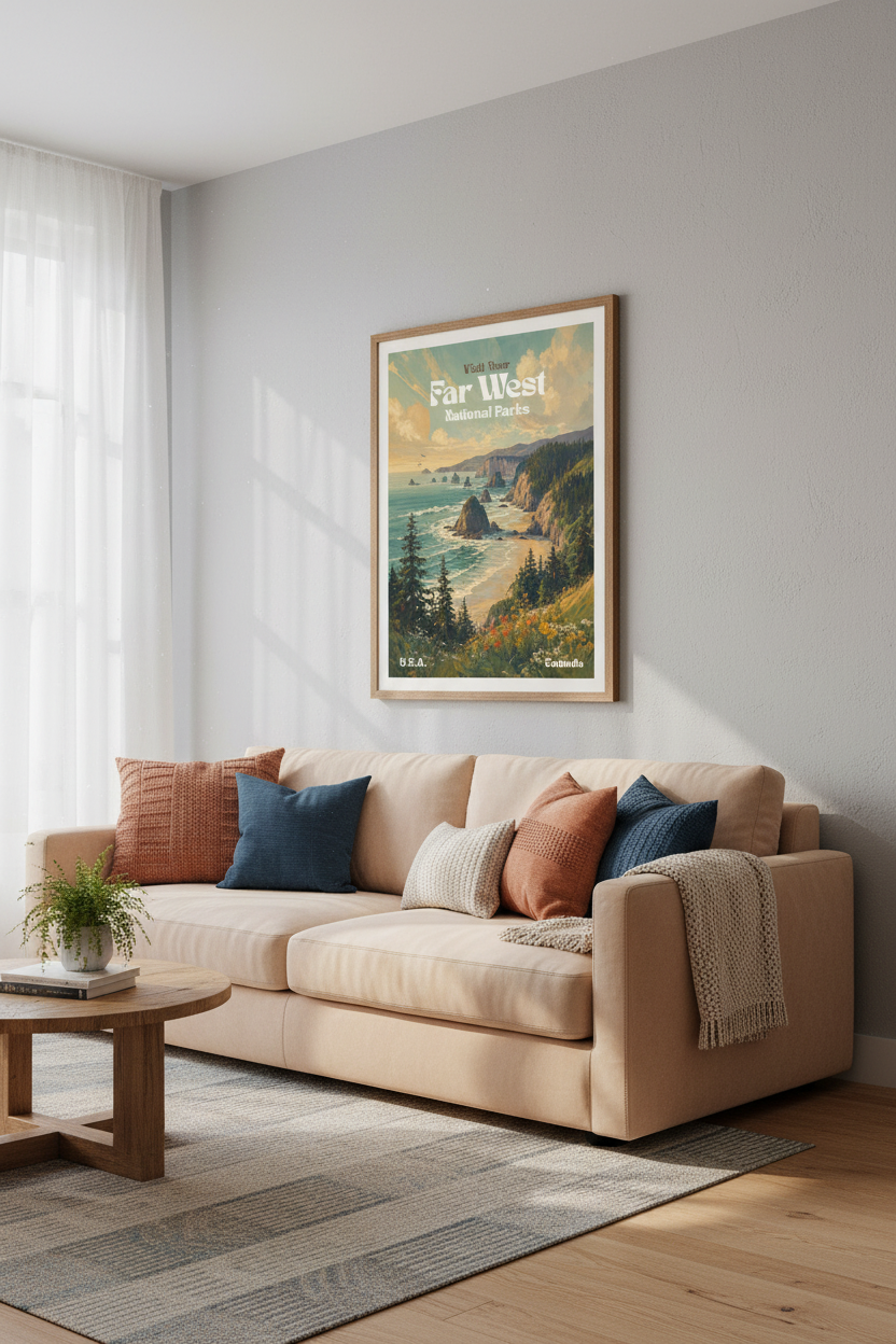 Far West National Parks Poster | Vintage Coastal Landscape, Rustic Cabin Wall Art