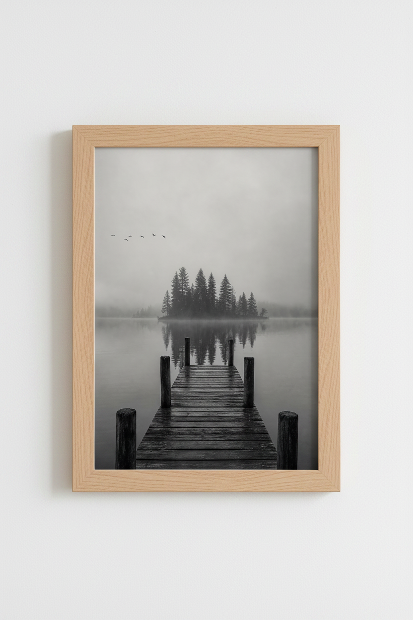 Moody Lake Wall Art Print | Foggy Pine Landscape Decor | Monochrome Poster
