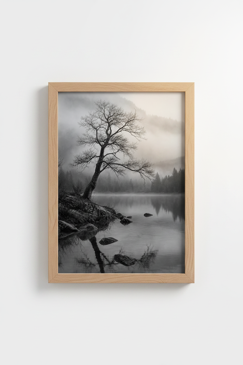 Moody Nature Wall Art | Black and White Foggy Lake Poster, Minimalist Office Decor