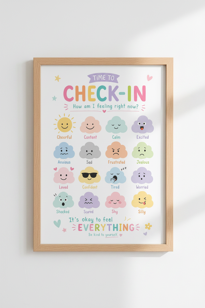 Feelings Chart Wall Art | Pastel Kids Emotions Poster, Classroom & Therapy Decor