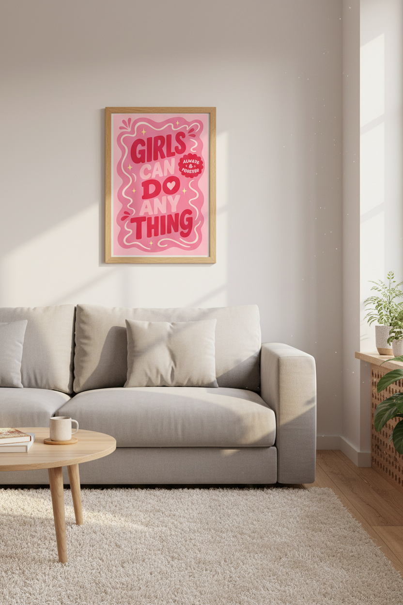 Girls Can Do Anything Wall Art | Pink Typography Poster, Girl Power Dorm Decor