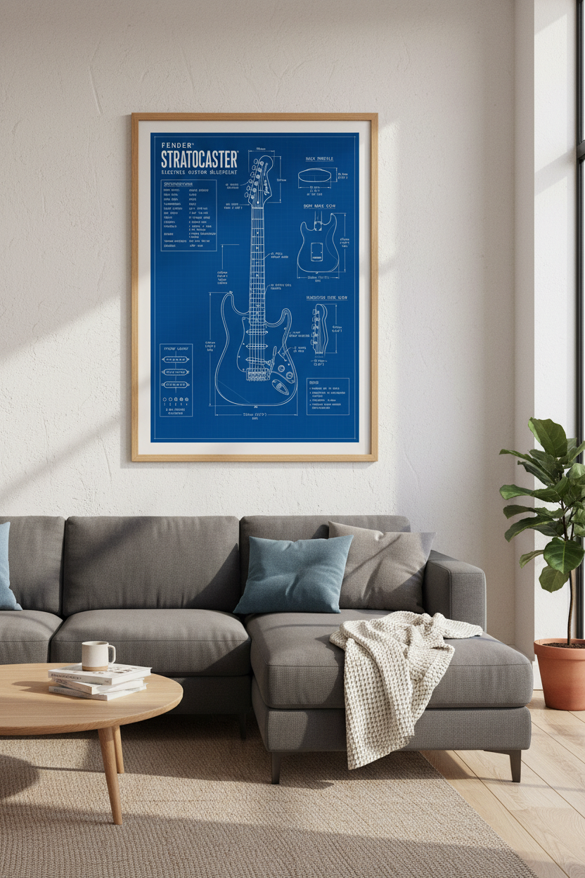 Fender Stratocaster Guitar Blueprint Wall Art Print | Music Room Decor | Industrial Poster