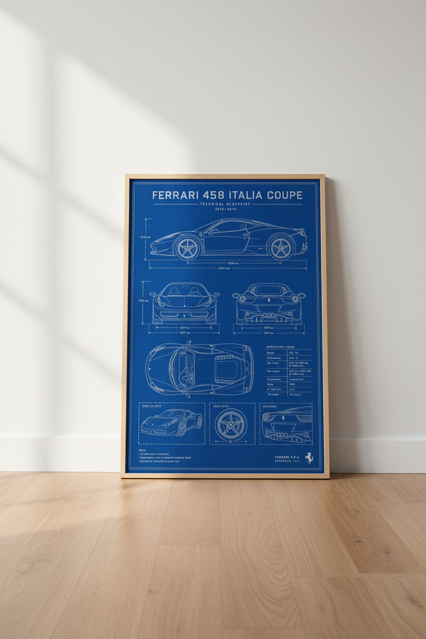 Ferrari 458 Italia Blueprint Wall Art | Office Garage Decor | Automotive Poster