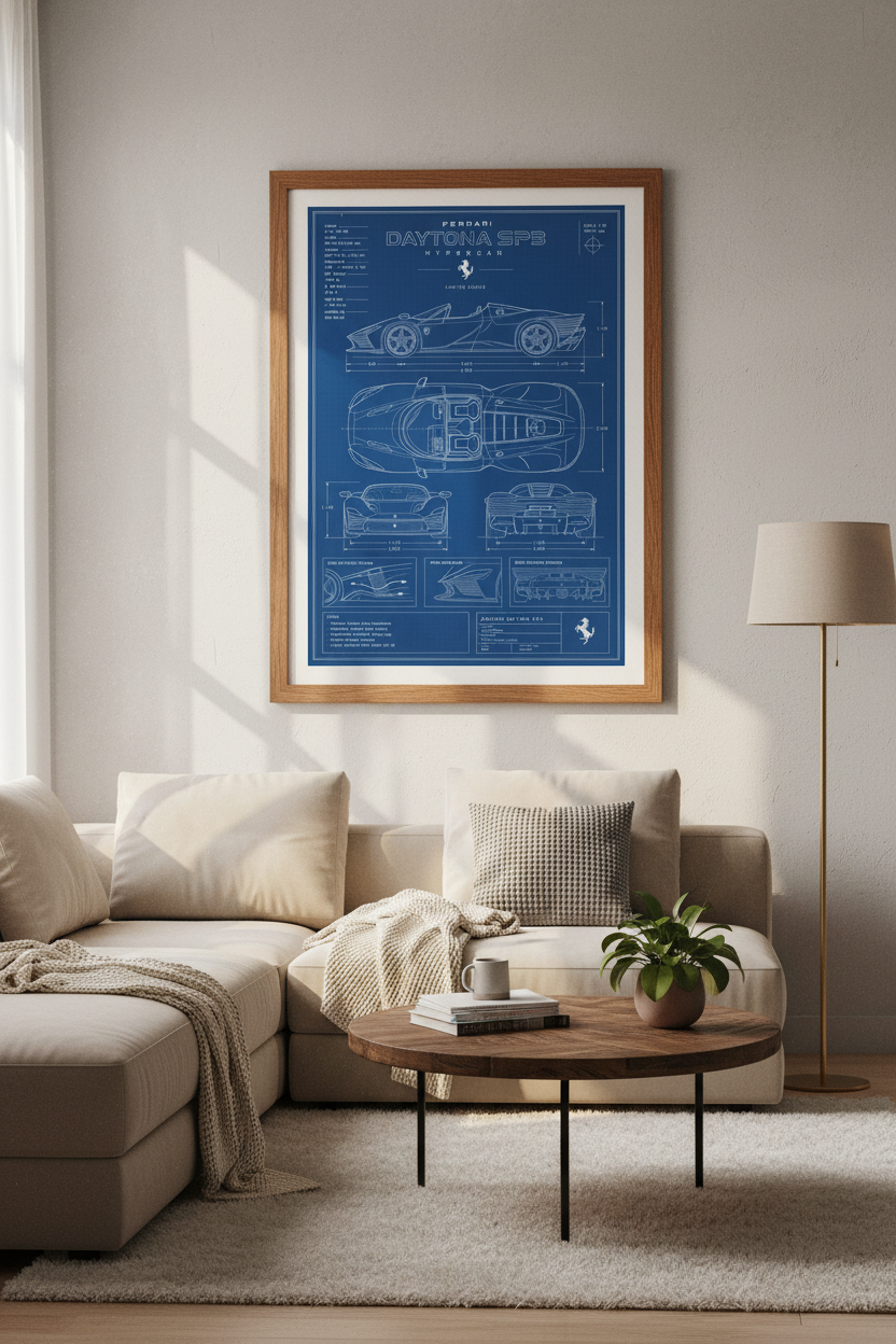 Ferrari Daytona SP3 Blueprint Art | Garage & Office Decor | Blue Car Poster