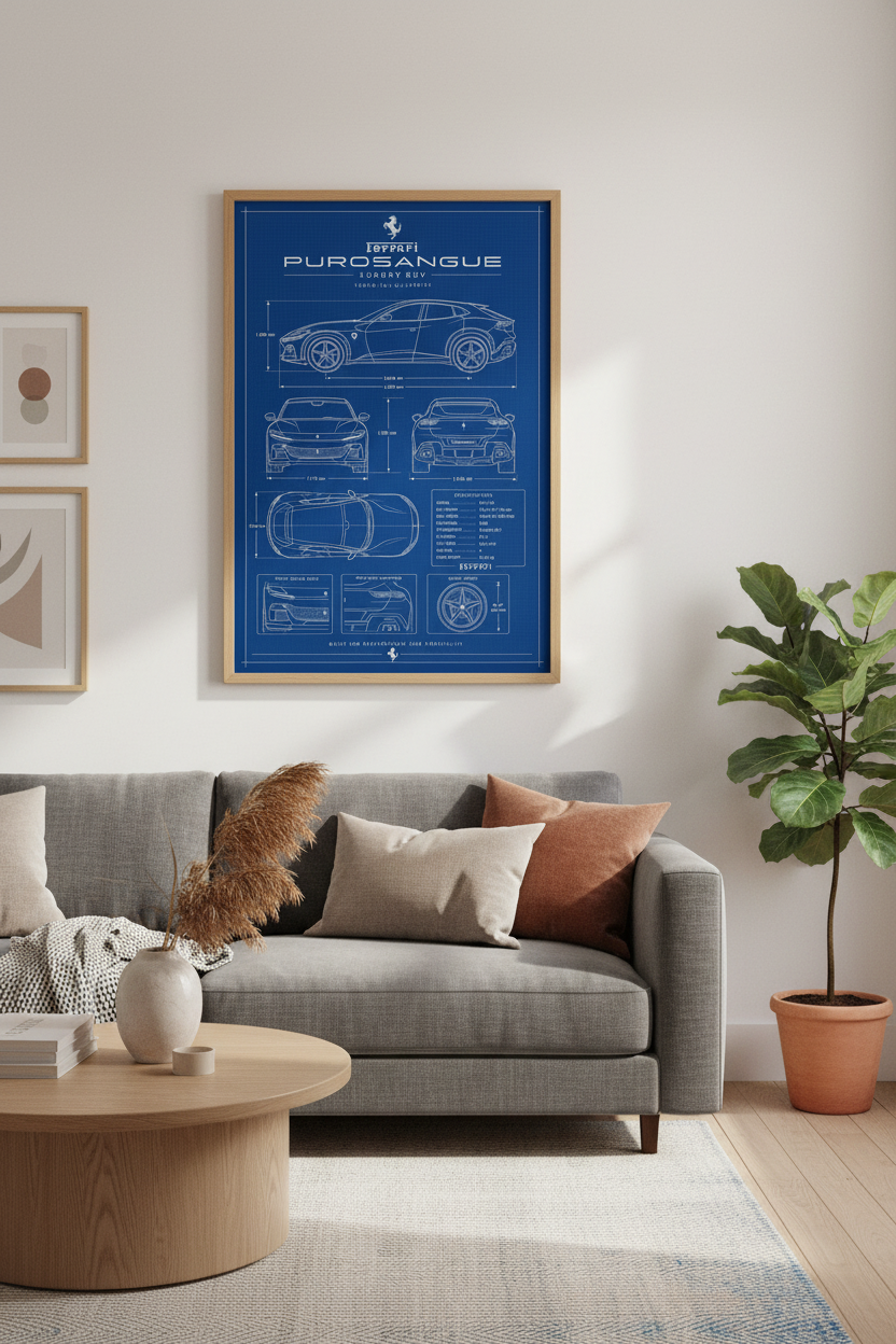 Ferrari Purosangue Blueprint Wall Art | Luxury SUV Blue Technical Poster, Office Decor