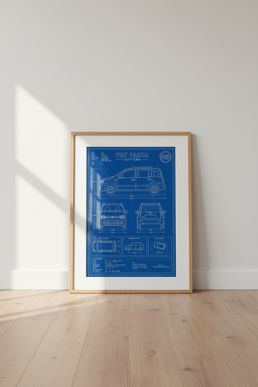 Fiat Panda Blueprint Wall Art | Italian Car Technical Poster, Garage Decor