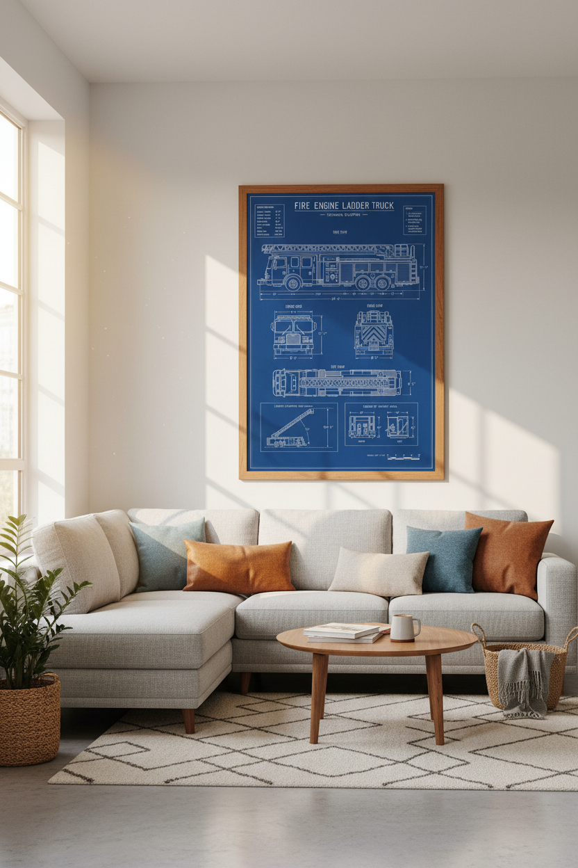 Fire Engine Truck Blueprint Wall Art | Office Decor | Industrial Technical Poster