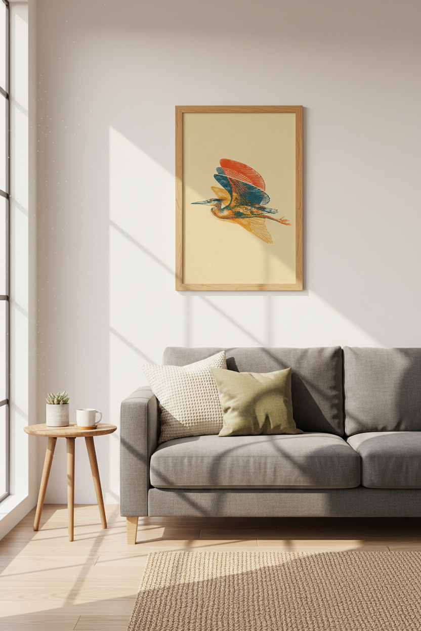Heron Bird Wall Art | Vintage Blue & Orange Block Print, Coastal Living Room Poster