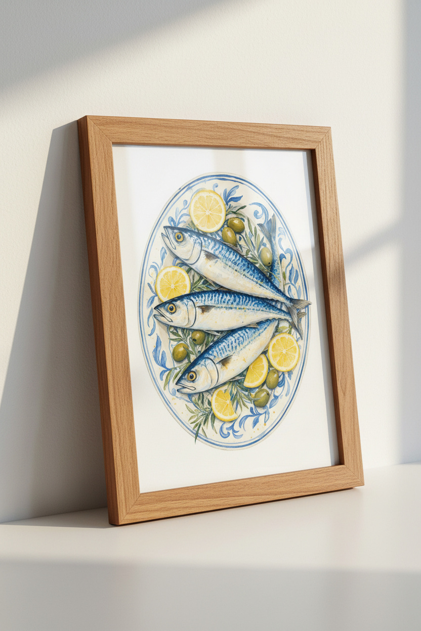 Mediterranean Mackerel Fish Wall Art | Blue & Yellow Kitchen Decor | Coastal Poster