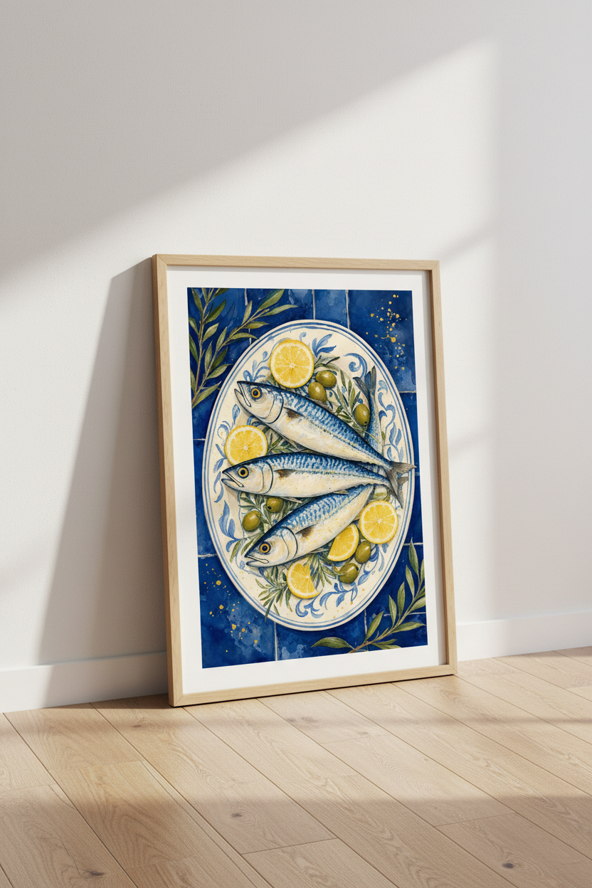 Mediterranean Mackerel Fish Wall Art | Blue & Yellow Kitchen Decor | Coastal Poster