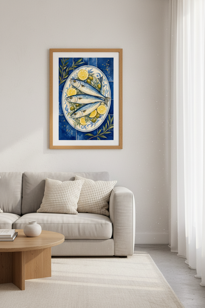 Mediterranean Mackerel Fish Wall Art | Blue & Yellow Kitchen Decor | Coastal Poster