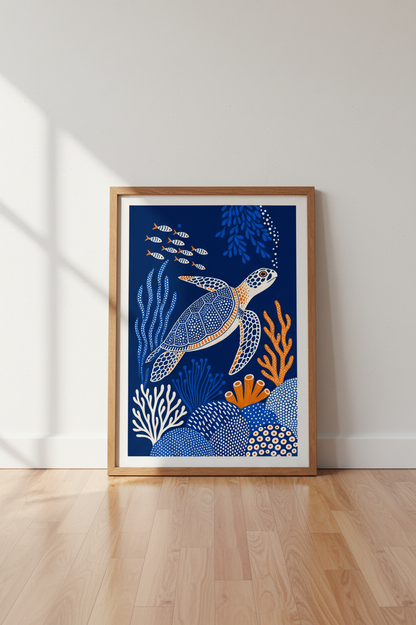 Sea Turtle Wall Art Print | Navy Blue Coastal Decor | Modern Folk Art Poster