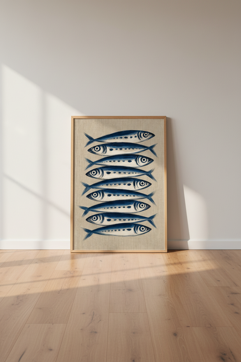 Indigo Blue Sardine Wall Art | Coastal Kitchen Navy Fish Print | Nautical Beach Decor