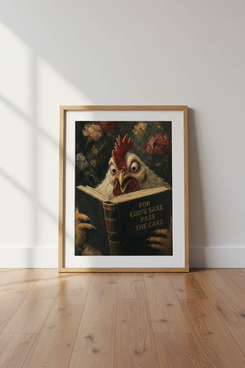 Funny Chicken Wall Art Print | Moody Floral Kitchen Decor | Maximalist Poster