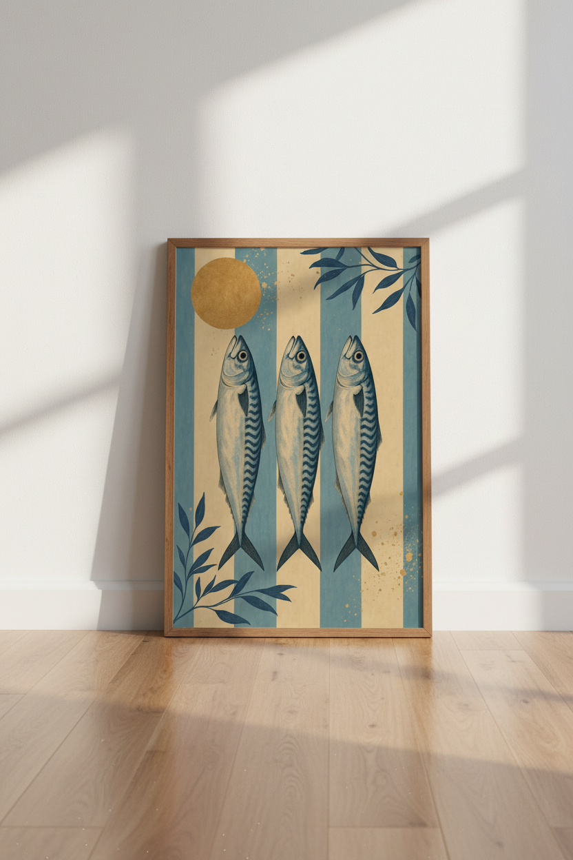 Mackerel Fish Wall Art | Coastal Blue Stripes Print, Kitchen & Bathroom Decor