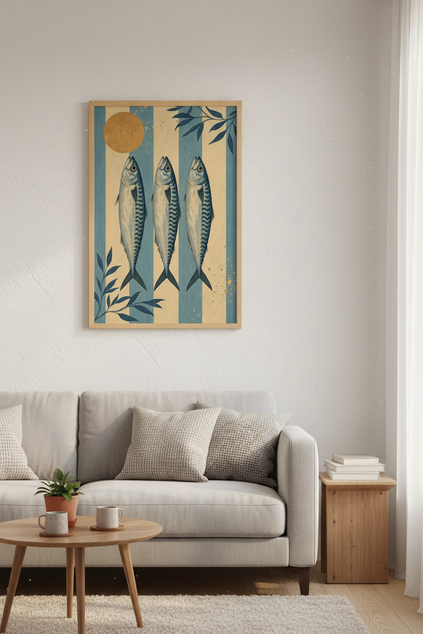 Mackerel Fish Wall Art | Coastal Blue Stripes Print, Kitchen & Bathroom Decor