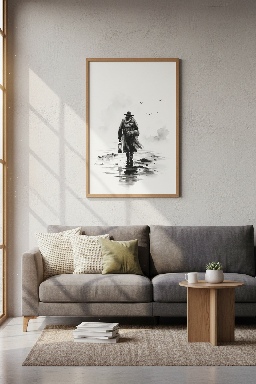 Traveler with Lantern Wall Art | Black and White Watercolor Poster, Modern Office Decor