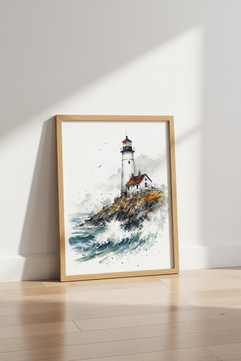 Lighthouse Watercolor Wall Art | Nautical Coastal Print, Beach House Decor