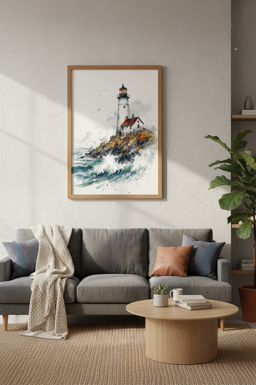 Lighthouse Watercolor Wall Art | Nautical Coastal Print, Beach House Decor