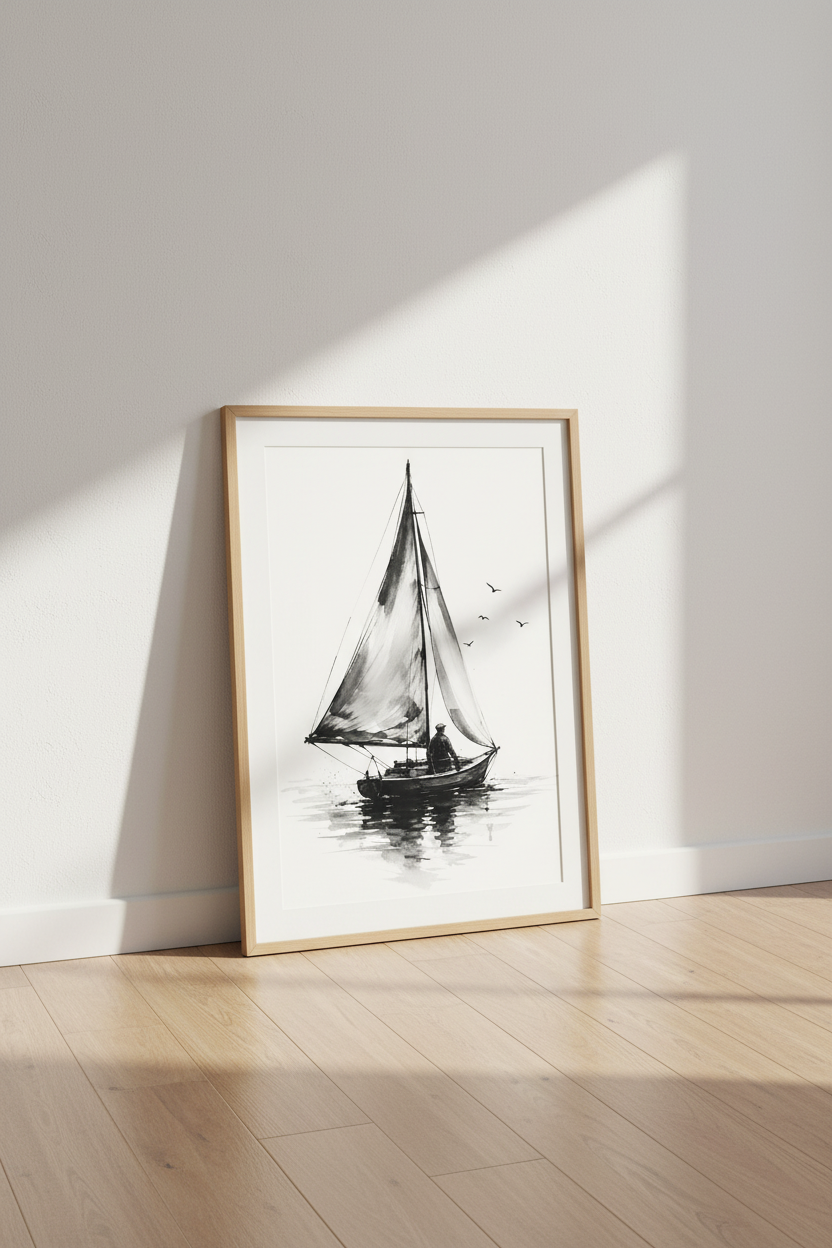 Sailboat Ink Wash Wall Art | Nautical Coastal Decor | Black and White Poster